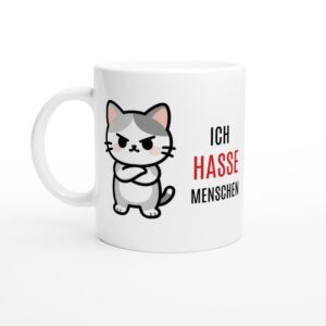 ich hasse Menschen | Weiße Keramiktasse auf Schreibtisch mit Kaffee